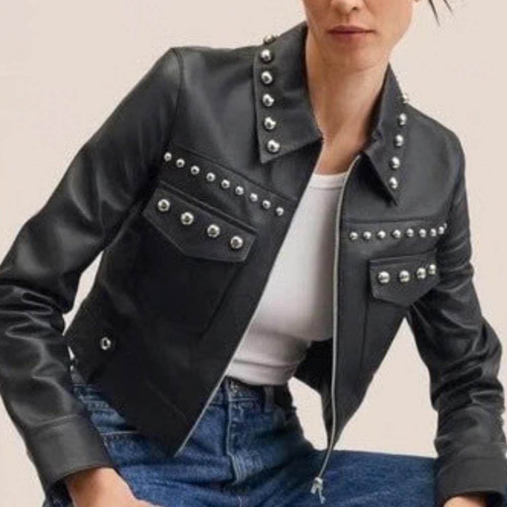 Mango Black Leather Jacket with Studded Detailing
